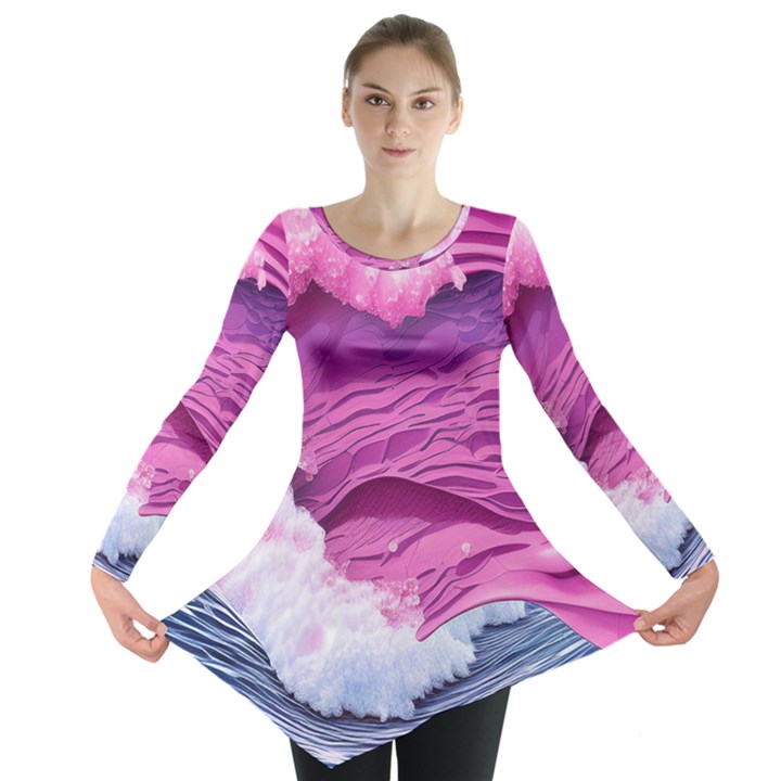 Abstract Pink Ocean Waves Long Sleeve Tunic 