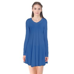 Turkish Sea Blue	 - 	long Sleeve V-neck Flare Dress