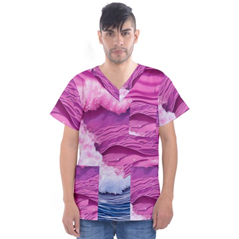 Abstract Pink Ocean Waves Men s V-neck Scrub Top by GardenOfOphir