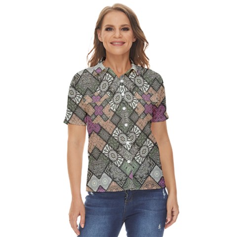 Mandala Decoration Floral Flower Indian Design Women s Short Sleeve Double Pocket Shirt by Ravend