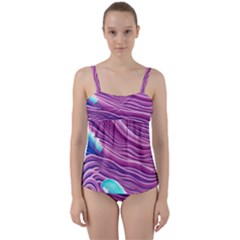 Pink Water Waves Twist Front Tankini Set by GardenOfOphir