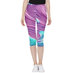 Pink Water Waves Inside Out Lightweight Velour Capri Leggings 