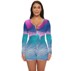 Pink Waves On The Beach Long Sleeve Boyleg Swimsuit