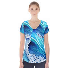 Blue Water Reflections Short Sleeve Front Detail Top by GardenOfOphir