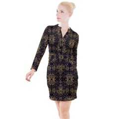 Pattern Seamless Gold 3d Abstraction Ornate Button Long Sleeve Dress by Ravend