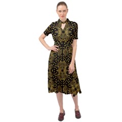 Pattern Seamless Gold 3d Abstraction Ornate Keyhole Neckline Chiffon Dress by Ravend