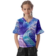 Majestic Ocean Waves Kids  V-neck Horn Sleeve Blouse by GardenOfOphir