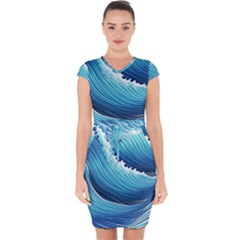 Simple Summer Wave Pattern Capsleeve Drawstring Dress 