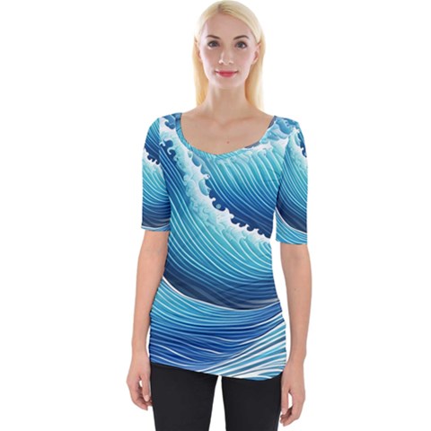 Simple Summer Wave Pattern Wide Neckline Tee by GardenOfOphir