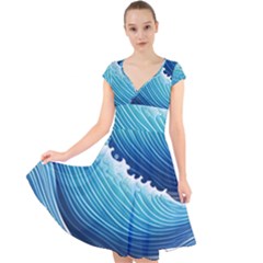 Simple Summer Wave Pattern Cap Sleeve Front Wrap Midi Dress by GardenOfOphir