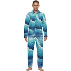 Simple Summer Wave Pattern Men s Long Sleeve Velvet Pocket Pajamas Set by GardenOfOphir