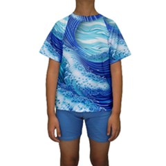 Water Waves Kids  Short Sleeve Swimwear by GardenOfOphir