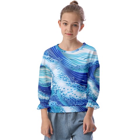 Water Waves Kids  Cuff Sleeve Top by GardenOfOphir