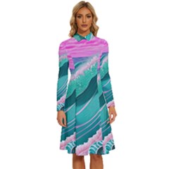 Pink Ocean Waves Long Sleeve Shirt Collar A-line Dress by GardenOfOphir