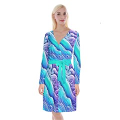 Ocean Waves In Pastel Tones Long Sleeve Velvet Front Wrap Dress