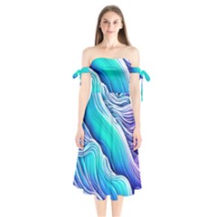 Ocean Waves In Pastel Tones Shoulder Tie Bardot Midi Dress