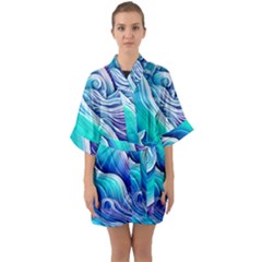 Ocean Waves In Pastel Tones Half Sleeve Satin Kimono 