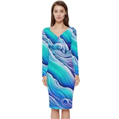 Ocean Waves In Pastel Tones Long Sleeve V-Neck Bodycon Dress 