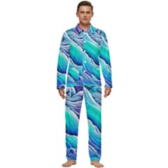 Ocean Waves In Pastel Tones Men s Long Sleeve Velvet Pocket Pajamas Set