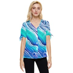 Ocean Waves In Pastel Tones Bow Sleeve Button Up Top