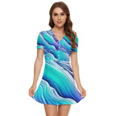 Ocean Waves In Pastel Tones V-Neck High Waist Chiffon Mini Dress
