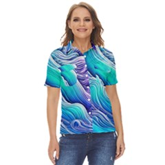 Ocean Waves In Pastel Tones Women s Short Sleeve Double Pocket Shirt