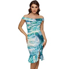 The Endless Sea Off Shoulder Ruffle Split Hem Bodycon Dress