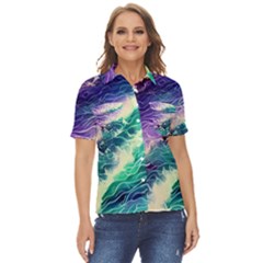 Pastel Hues Ocean Waves Women s Short Sleeve Double Pocket Shirt