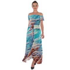 Waves Of The Ocean Off Shoulder Open Front Chiffon Dress