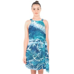 Abstract Blue Ocean Waves Iii Halter Collar Waist Tie Chiffon Dress by GardenOfOphir