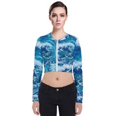 Abstract Blue Ocean Waves Iii Long Sleeve Zip Up Bomber Jacket by GardenOfOphir