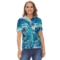 Abstract Blue Ocean Waves Iii Women s Short Sleeve Double Pocket Shirt