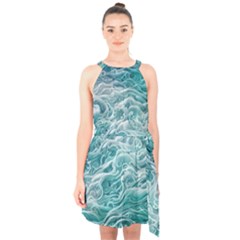 Nature Ocean Waves Halter Collar Waist Tie Chiffon Dress by GardenOfOphir