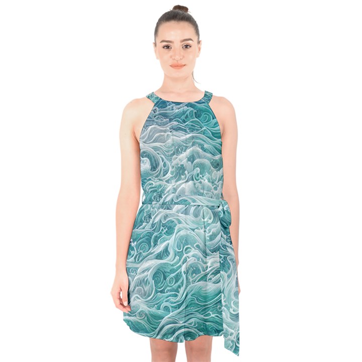 Nature Ocean Waves Halter Collar Waist Tie Chiffon Dress