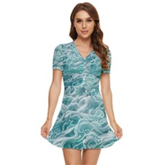 Nature Ocean Waves V-neck High Waist Chiffon Mini Dress by GardenOfOphir