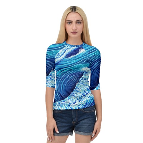 Simple Blue Ocean Wave Quarter Sleeve Raglan Tee by GardenOfOphir