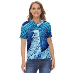 Simple Blue Ocean Wave Women s Short Sleeve Double Pocket Shirt