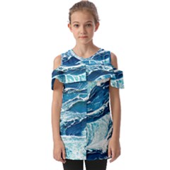 Summer Ocean Waves Fold Over Open Sleeve Top by GardenOfOphir