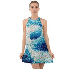 Abstract Blue Ocean Wave Ii Halter Tie Back Chiffon Dress by GardenOfOphir