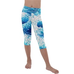 Abstract Blue Ocean Wave Ii Kids  Lightweight Velour Capri Leggings  by GardenOfOphir