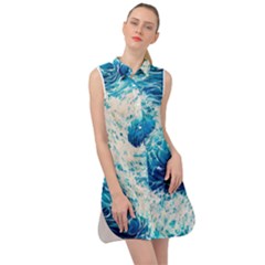 Abstract Blue Ocean Wave Ii Sleeveless Shirt Dress by GardenOfOphir