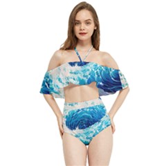 Abstract Blue Ocean Wave Ii Halter Flowy Bikini Set  by GardenOfOphir