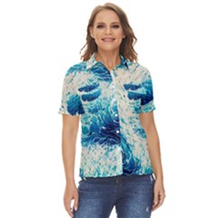 Abstract Blue Ocean Wave Ii Women s Short Sleeve Double Pocket Shirt