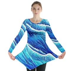 Blue Ocean Wave Watercolor Long Sleeve Tunic  by GardenOfOphir