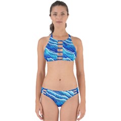 Blue Ocean Wave Watercolor Perfectly Cut Out Bikini Set by GardenOfOphir