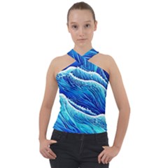 Blue Ocean Wave Watercolor Cross Neck Velour Top by GardenOfOphir