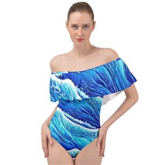 Blue Ocean Wave Watercolor Off Shoulder Velour Bodysuit  by GardenOfOphir