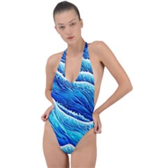 Blue Ocean Wave Watercolor Backless Halter One Piece Swimsuit by GardenOfOphir