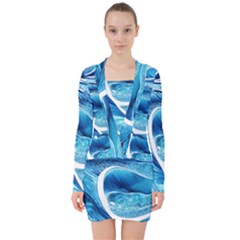 Blue Wave V-neck Bodycon Long Sleeve Dress by GardenOfOphir