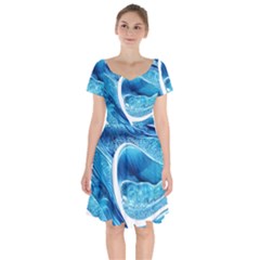 Blue Wave Short Sleeve Bardot Dress by GardenOfOphir